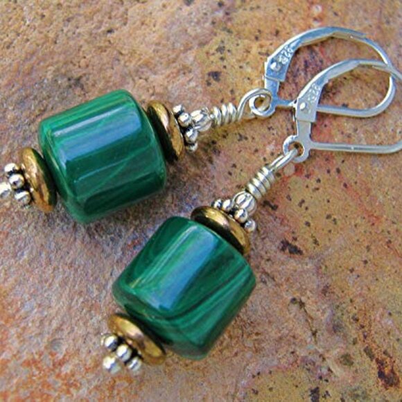 Green Malachite Earrings Genuine Sterling Silver - Picture 1 of 10
